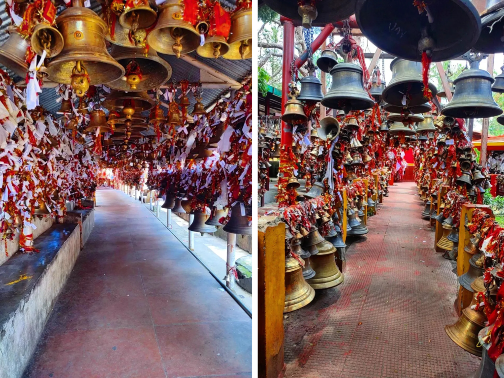 Rows of traditional brass bells with red ceremonial threads at Chitai Golu Devta Temple, Almora.
