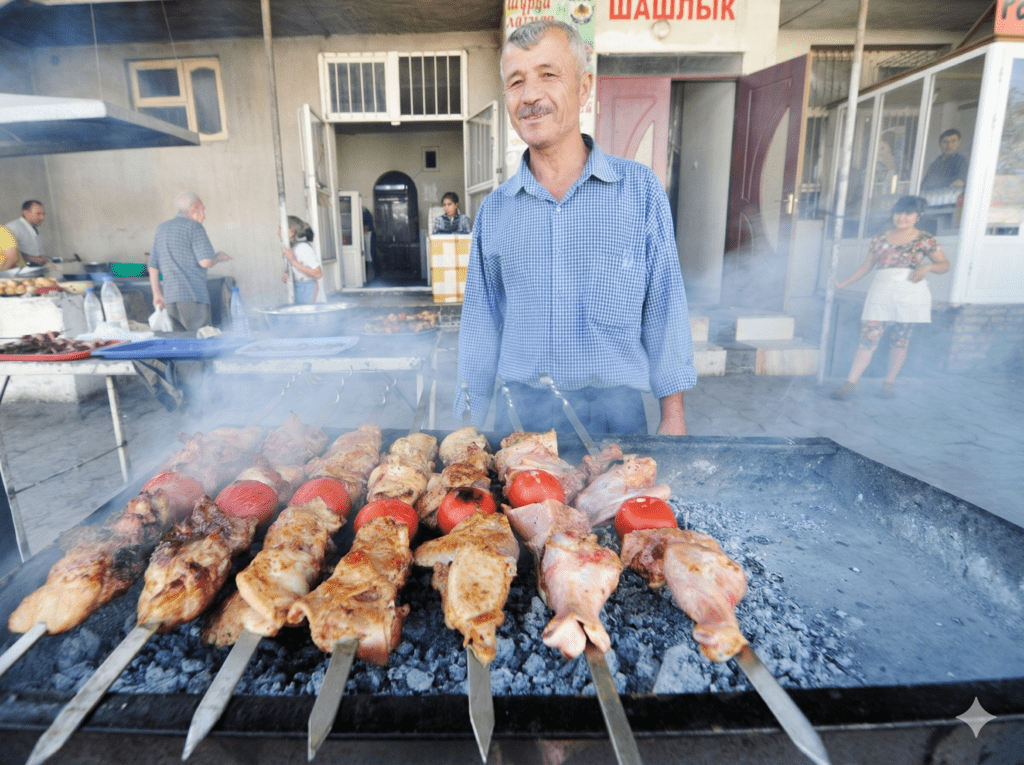 Uzbekistan street food shashlik kebab grilling on open fire