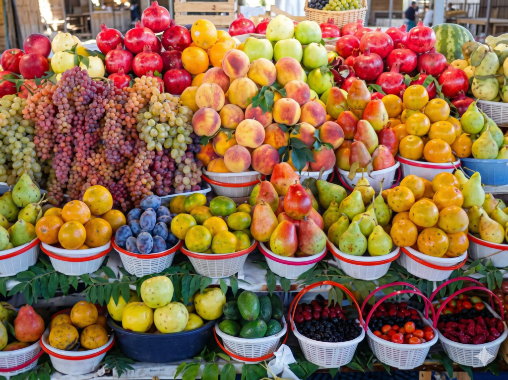 Uzbekistan foods include fruits like melon, grapes, apricots, and fresh dessert