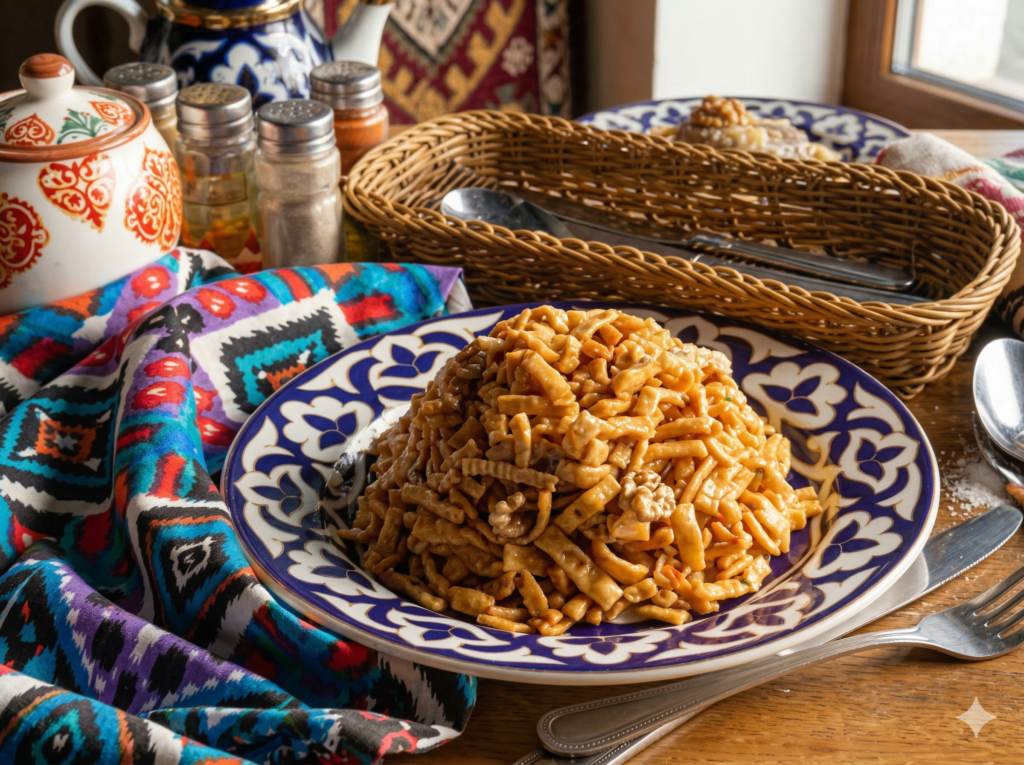 Traditional Uzbek desserts including chak chak and halva