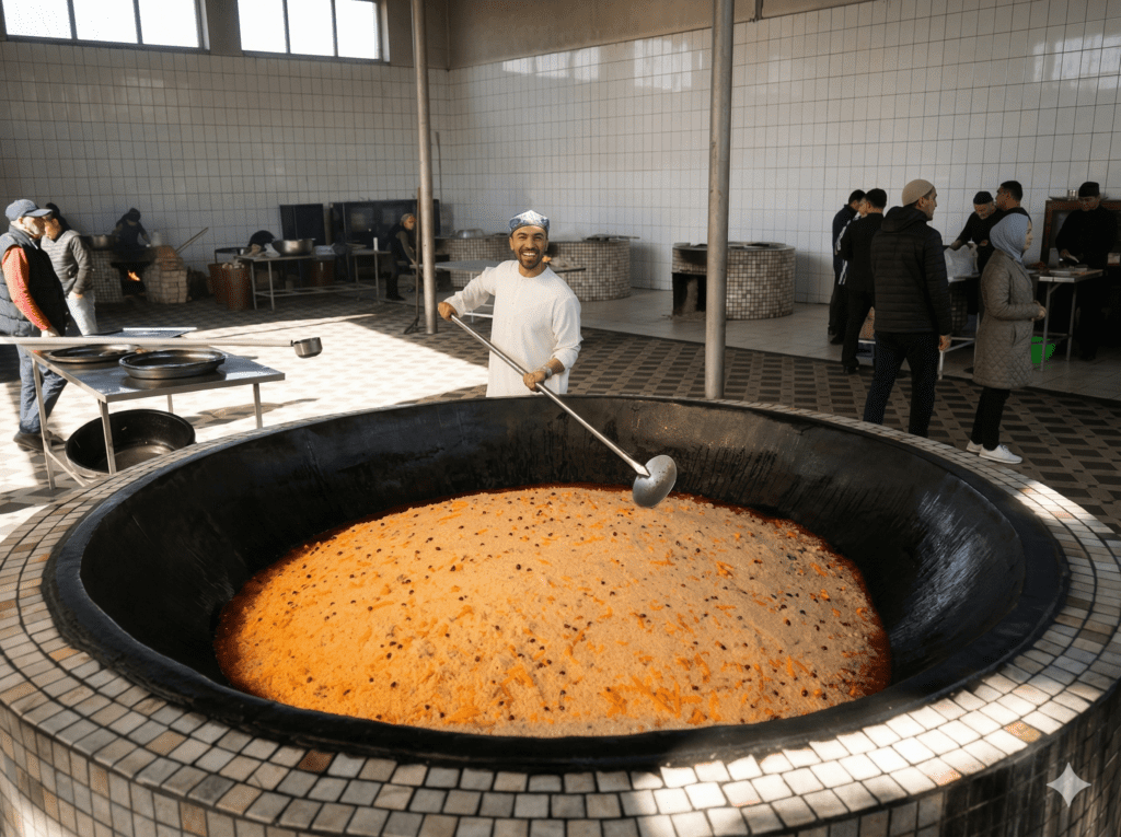 Uzbekistan famous food plov cooking in kazan traditional method