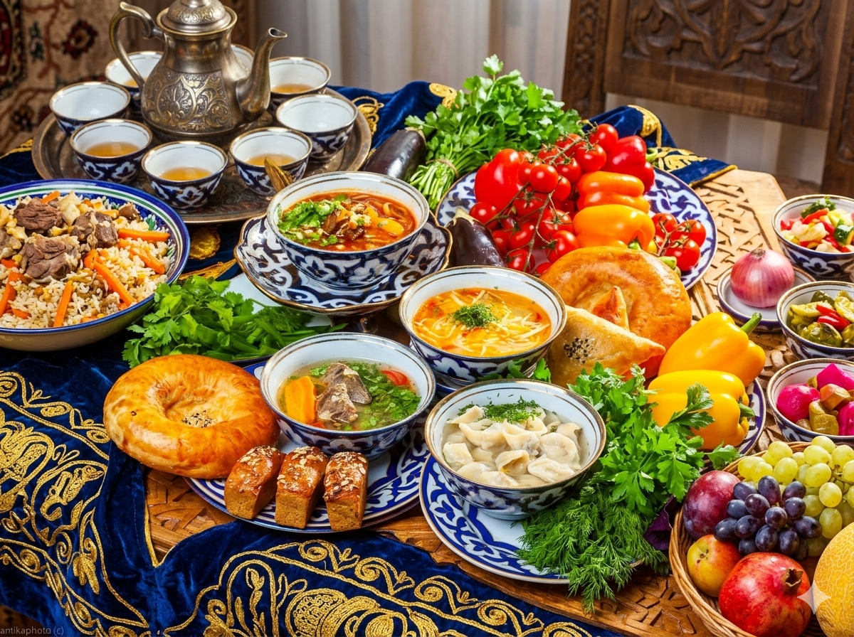 A variety of traditional Uzbekistan foods like lamb pilaf, meat dumplings, and fresh bread arranged on a patterned tablecloth.