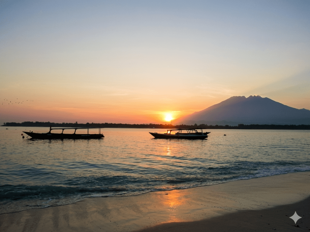 Two traditional Indonesian outrigger boats are silhouetted in calm turquoise water during a vibrant sunset off Gili Trawangan Island, with a large volcano on the horizon and a sandy beach in the foreground.