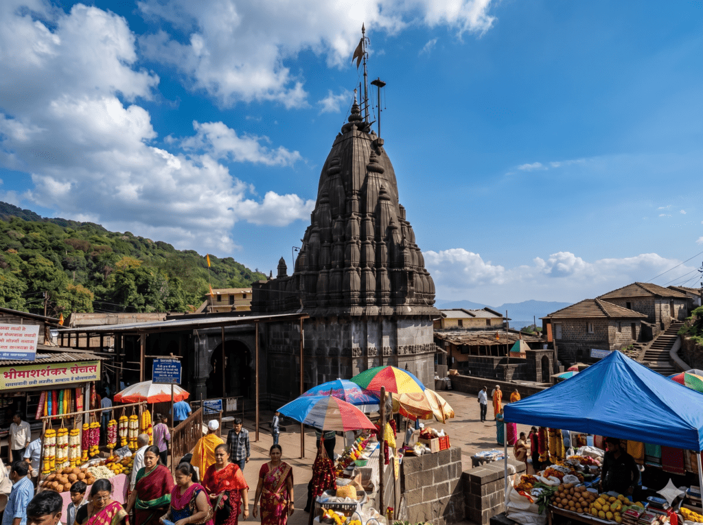 A tall, stone spire towering over a bustling courtyard filled with people, colorful umbrellas, and market stalls selling flowers
