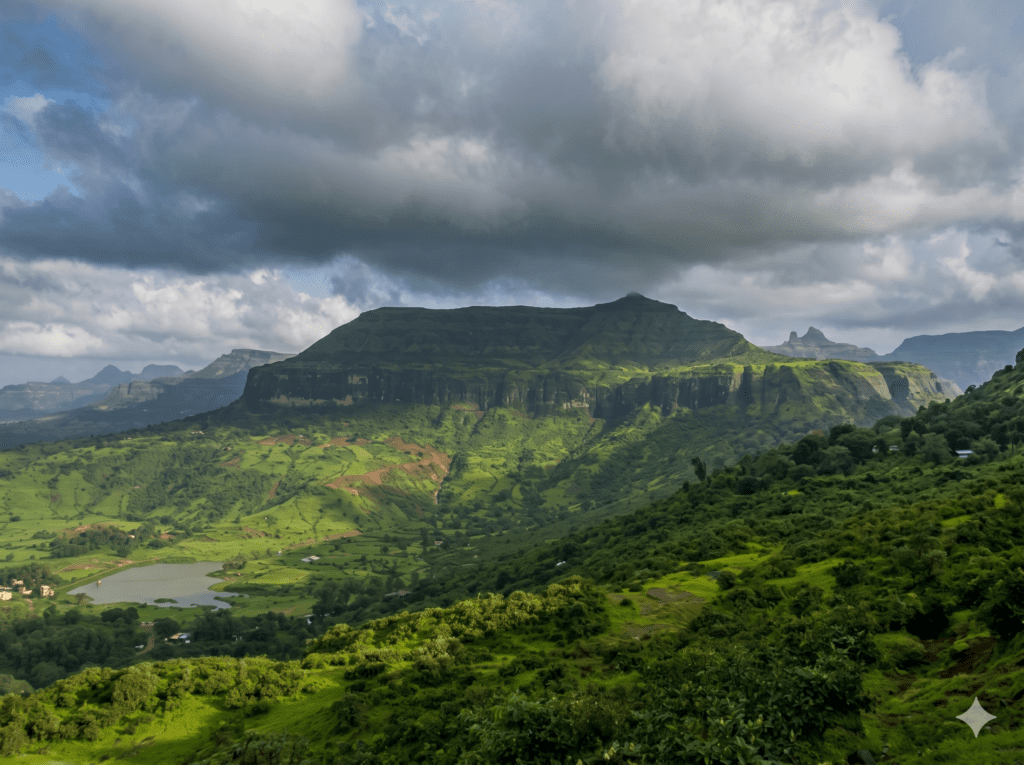 A vast, vibrant green valley and mountain range under heavy monsoon clouds with a small lake visible in the distance