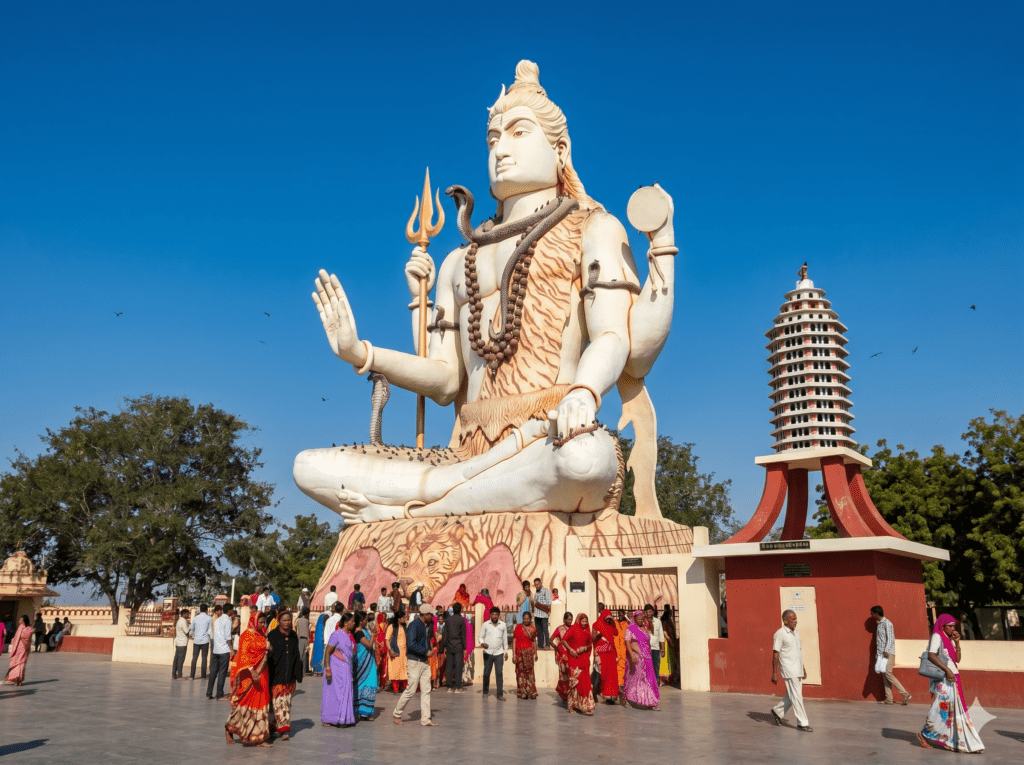 Large white statue of Lord Shiva in a sitting posture under a blue sky