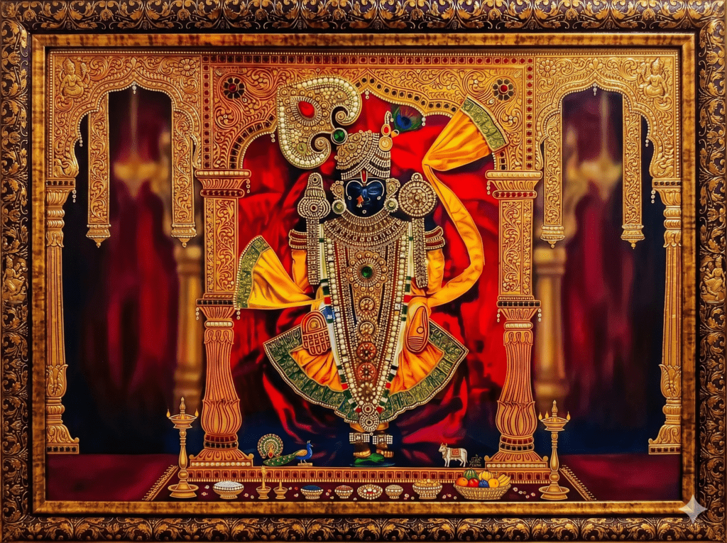 An ornate, golden-framed painting of the Dwarka god, Lord Krishna, in traditional regal attire against a vibrant red backdrop.
