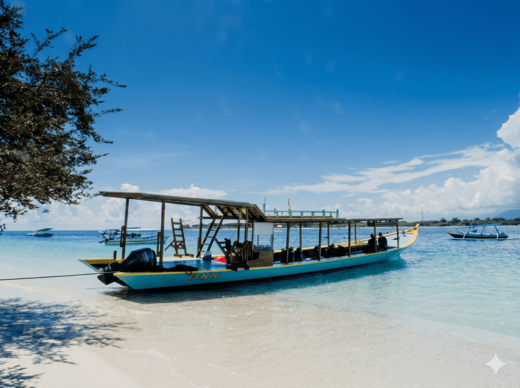 A light blue dive boat named "FINN" anchored near a beach under a blue sky, with other boats visible in the distance.