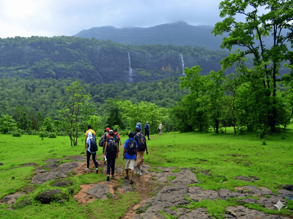 Hikers on a rocky trail in the lush green Wildlife Sanctuary, heading toward distant misty mountains and waterfalls
