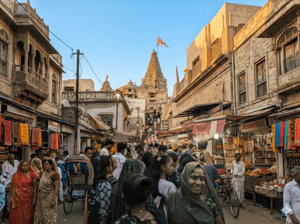 A high-angle view of a crowded, narrow market street in Dwarka filled with pilgrims, leading toward the towering limestone spire of the Dwarkadhish Temple under a bright sky.