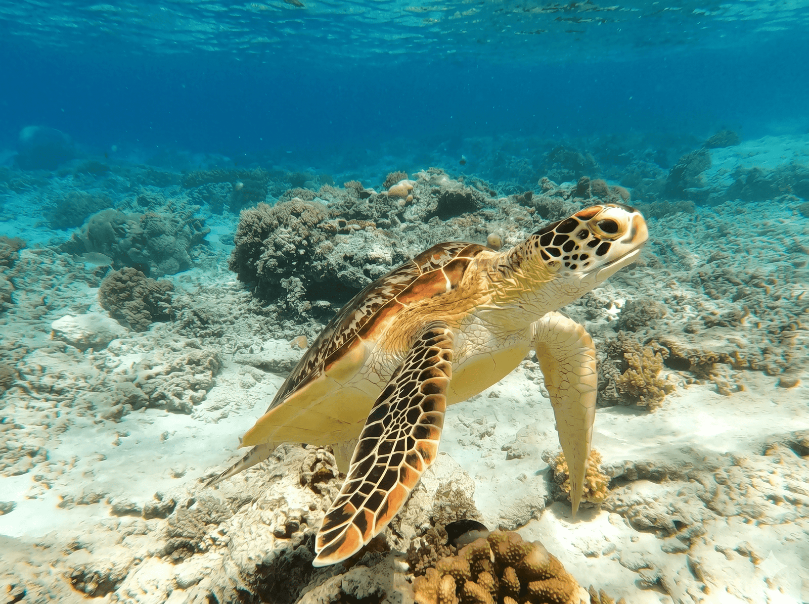 A green sea turtle swimming over a sunny coral reef in the clear blue waters of Gili Trawangan Island.