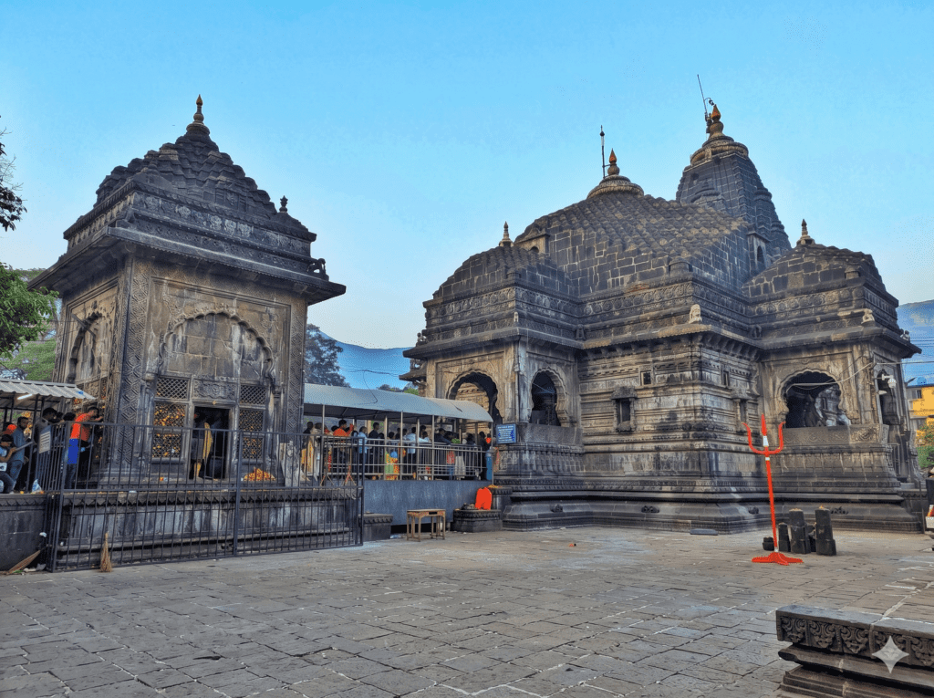 Exterior view of the ancient black stone Trimbakeshwar Shiva Temple