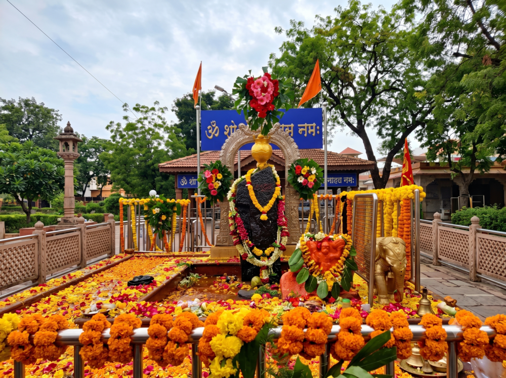 A black stone deity of Lord Shani decorated with vibrant flower garlands, situated in an open-air temple courtyard.