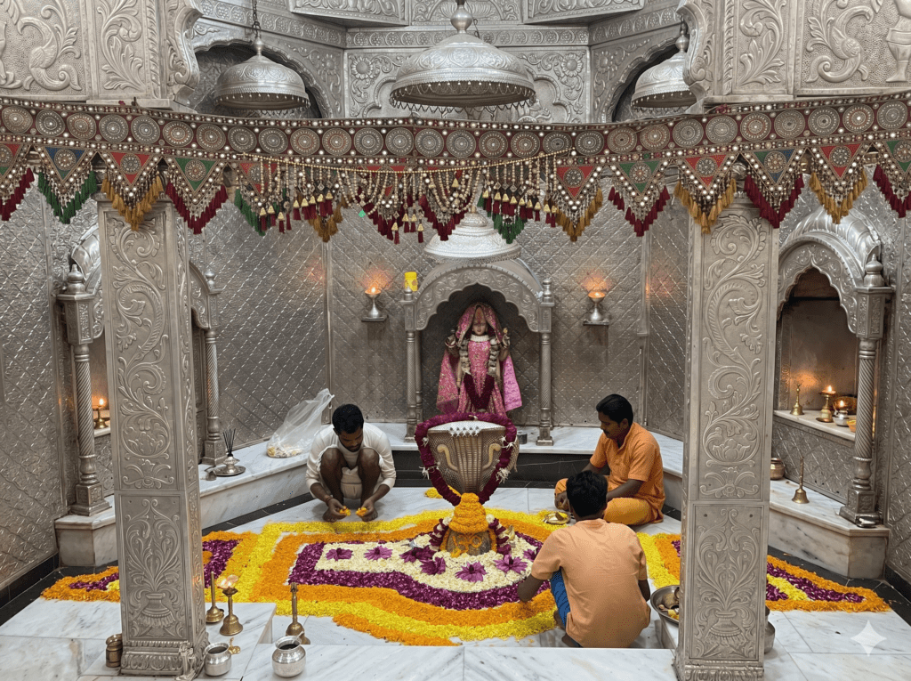 An indoor view of a silver-lined Hindu temple sanctum where people are arranging colorful flower petals around a central Shiva Lingam.