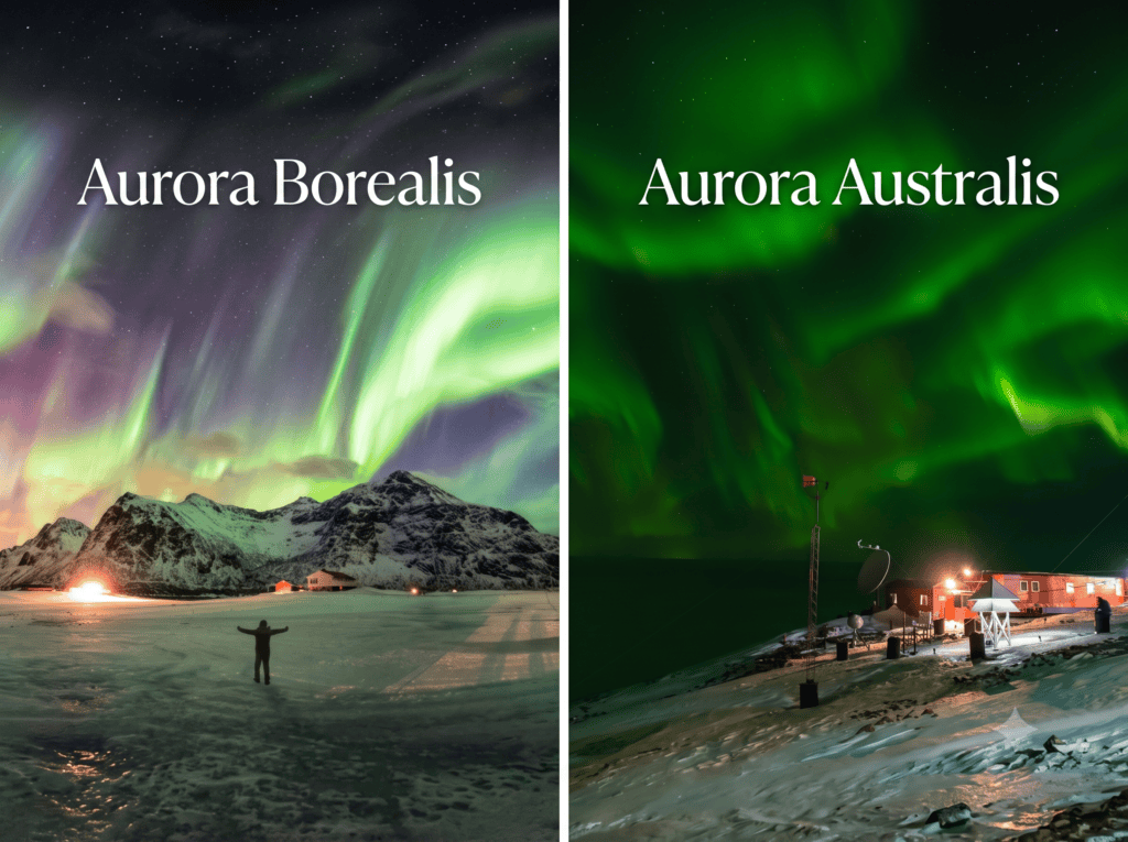 A split image showing the Aurora Borealis over snowy mountains on the left and the Aurora Australis over a research station on the right, both with large overlaid text labels.