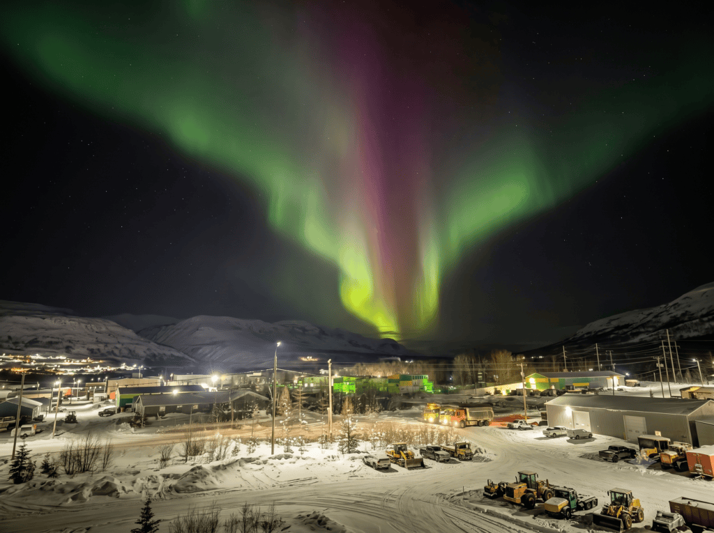 Wide shot of a bright green and pink Northern Lights stretching across the night sky over a snow-covered town with buildings and machinery.