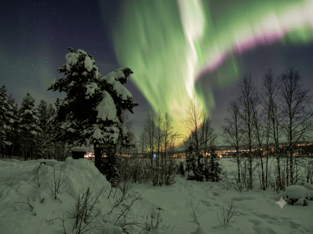 Wide shot of a dramatic green aurora borealis in a starry night sky over a snow-covered winter landscape with pine trees.