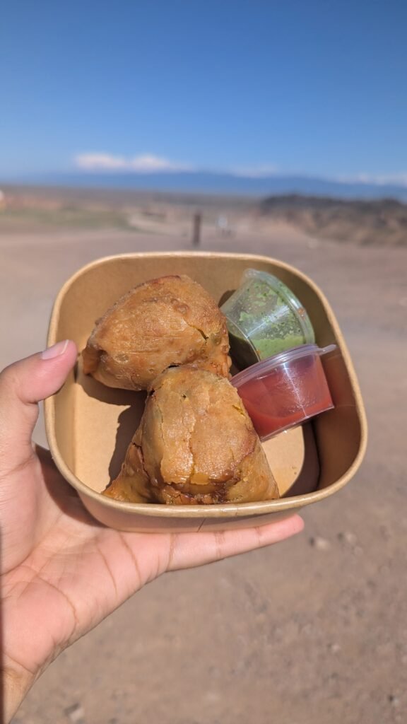 A hand holding a brown paper container with two golden-brown samosas and small cups of red and green chutney against a blurred sunny desert background.