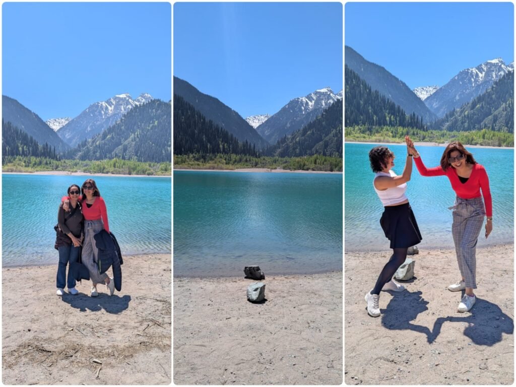 A three-panel collage showing Chandni Agarwal posing and high-fiving with travelers on the shore of Issyk Lake with mountains in the background.