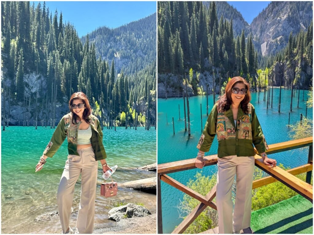 Side-by-side photo collage of Chandni Agarwal wearing a green jacket and sunglasses, posing next to the turquoise waters of Lake Kaindy.