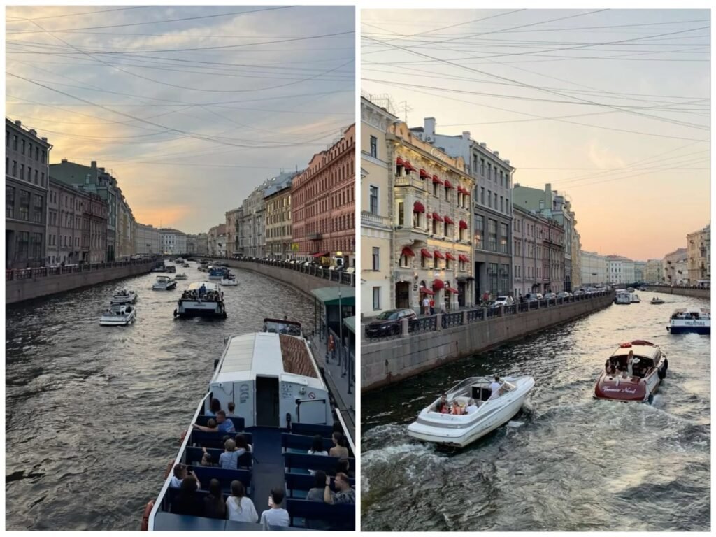 Side-by-side view of tourist passenger boats and motorboats navigating a Saint Petersburg canal bordered by pastel historic buildings at sunset.