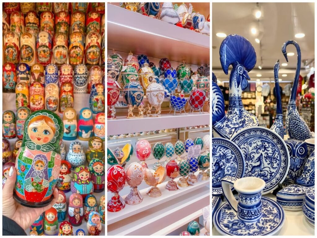 Three-panel display of traditional Russian crafts in St. Petersburg featuring nesting dolls, jeweled decorative eggs on shelves, and blue glazed Gzhel porcelain pottery.