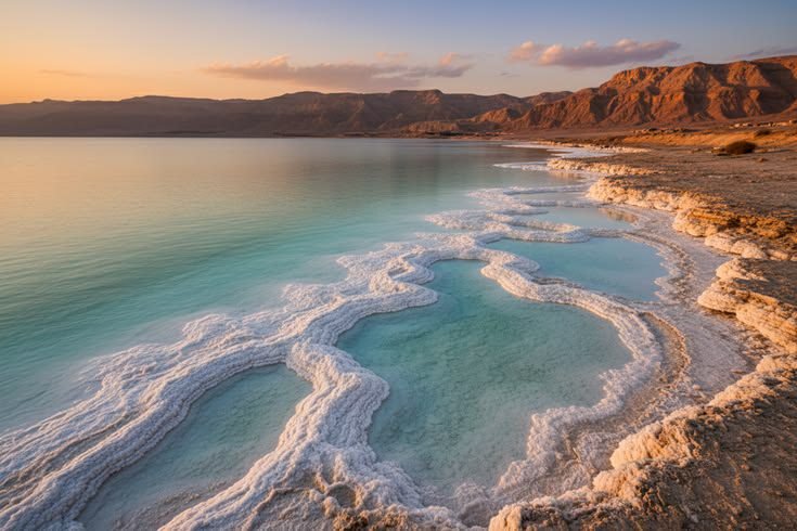 White salt formations forming pools along the turquoise Dead Sea shore at sunset.