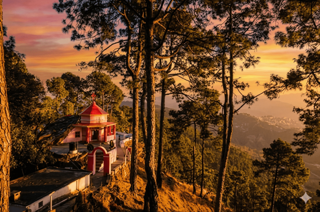 An aerial perspective view of the Kasar Devi temple complex, with its distinctive pink and red structures and conical spire, perched precariously on a steep, forested mountain ridge. Tall pine trees in the immediate foreground frame the temple and the sweeping vista of the rolling Almora mountain range and valley below. The entire scene is bathed in the rich, warm, golden, and pink light of a dramatic, multi-hued sunset. The setting is serene, scenic, and spiritual.