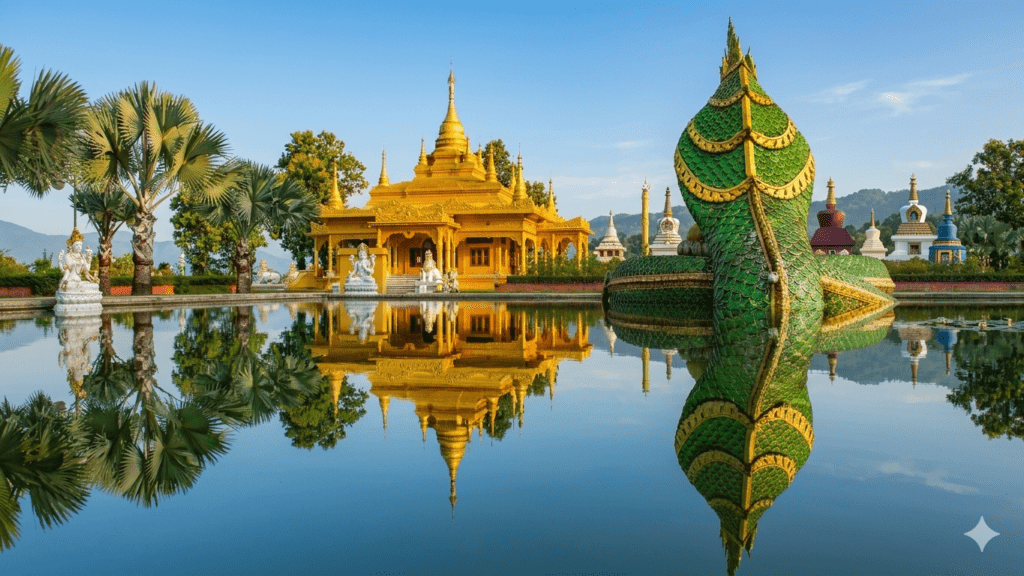 The shimmering Burmese-style Golden Pagoda (Kongmu Kham) in Namsai, featuring golden domes and intricate spires set against a backdrop of lush green gardens and a clear sky.