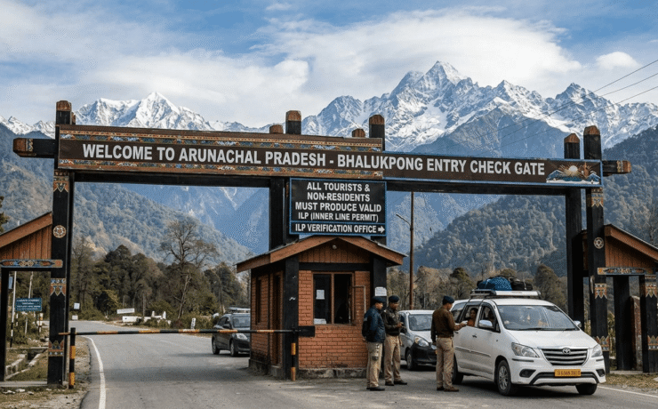 Travellers entering Arunachal Pradesh through an Inner Line Permit checkpoint on a mountain road