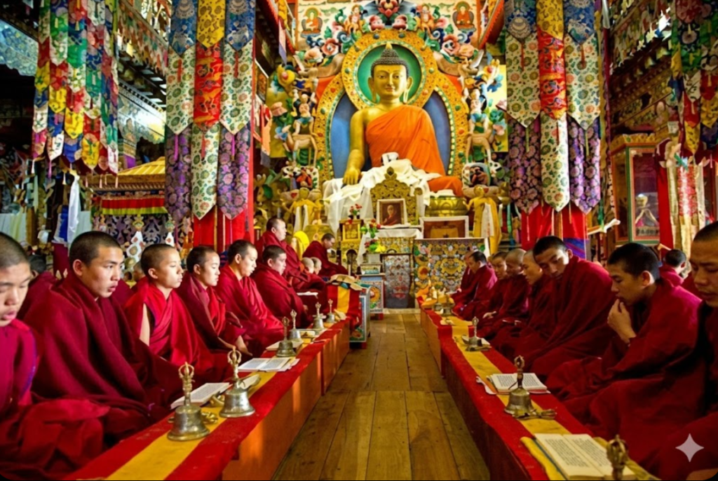A wide-angle photograph of numerous Buddhist monks seated in two long rows facing each other on a raised platform, engaged in a ceremony within a richly decorated temple. The central aisle leads to a large, seated golden Buddha statue in the background, surrounded by complex thangka paintings and colorful textile banners.