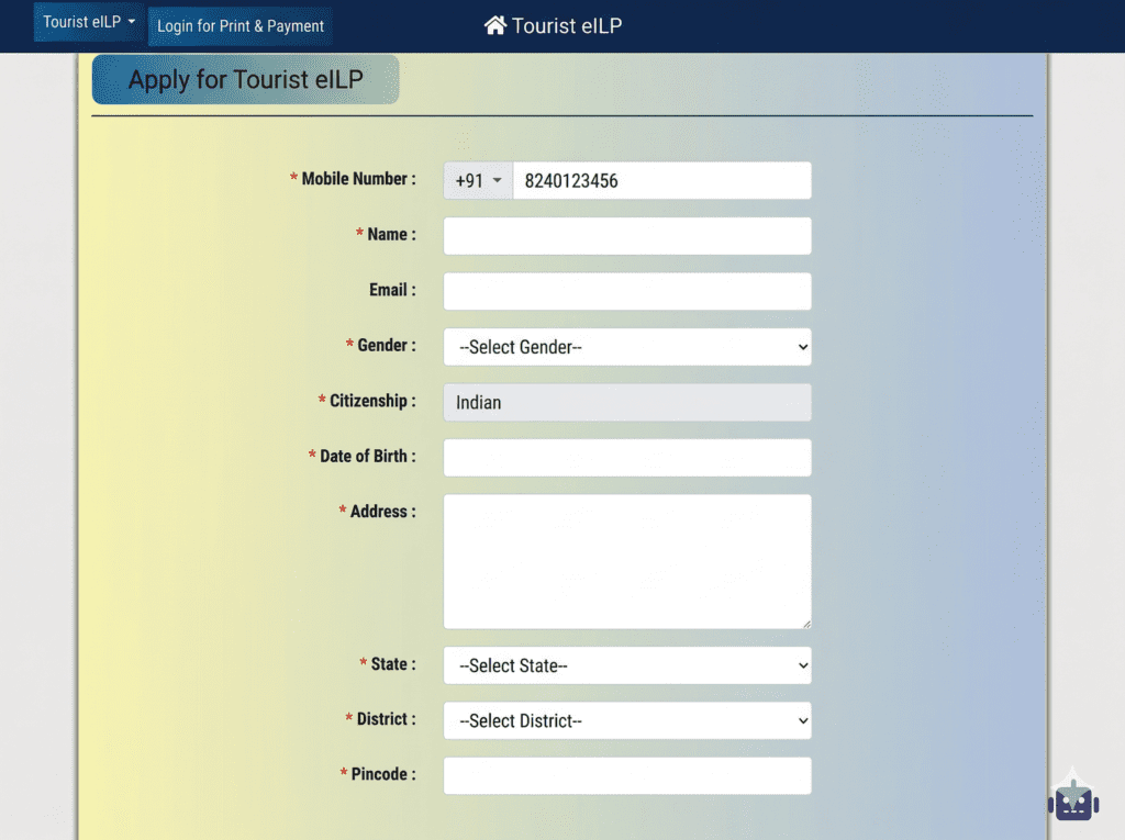 A screenshot of the eILP application form with fields for Mobile Number, Name, Email, Gender, Citizenship (pre-filled as Indian), Date of Birth, Address, State, District, and Pincode.