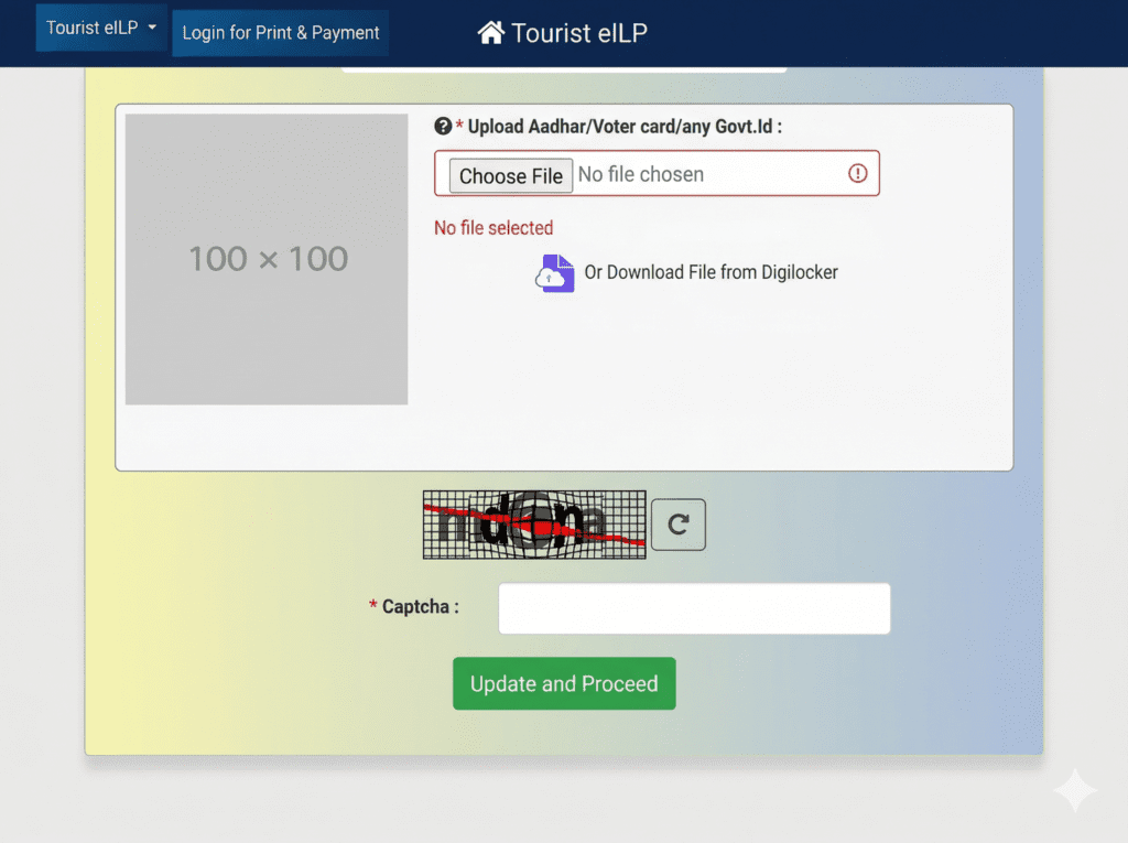 Screenshot of the eILP portal showing the ID upload section (Aadhaar/Voter card), a Captcha entry field, and an "Update and Proceed" button.