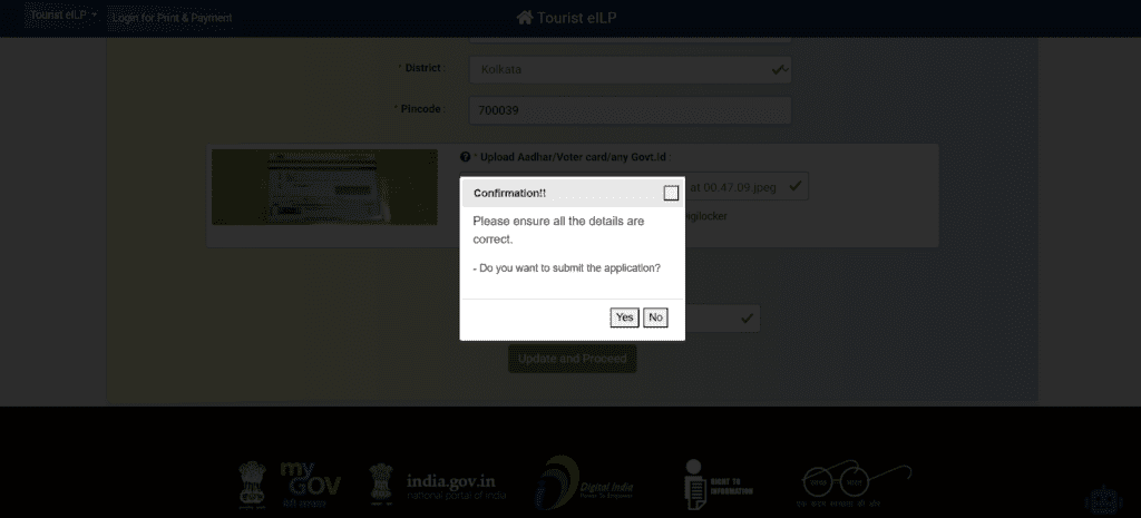 A screenshot of the Arunachal Pradesh eILP portal showing a "Confirmation!!" dialogue box. It asks the user to ensure all details are correct and presents "Yes" or "No" buttons to submit the application. In the background, an uploaded Aadhaar card and address details are visible.