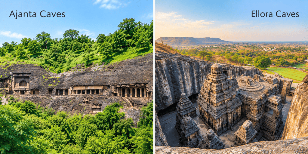 A side-by-side comparison image; the left half shows the dark basalt cliffs of Ajanta Caves under a cloudy sky, and the right half shows the Ellora Caves with a prominent waterfall flowing down the rock face amidst bright green greenery.